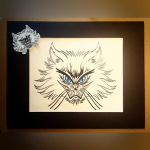 Hand-detailed "Devil Cat" UV-REACTIVE %100 Cotton Art Print /w Sticker Set Blue